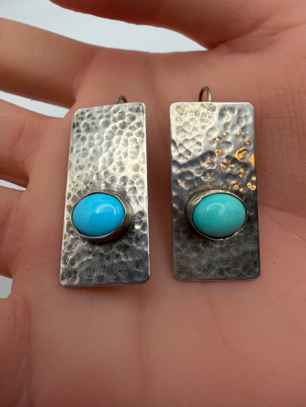 hammered sterling silver bar design with set turquoise stones earrings